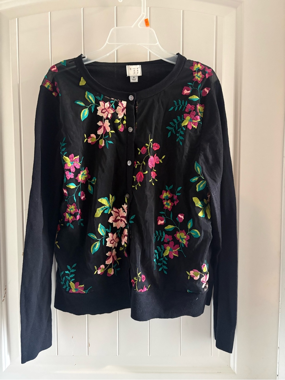a new day Black Cardigan with Pink & Green Floral Embroidery